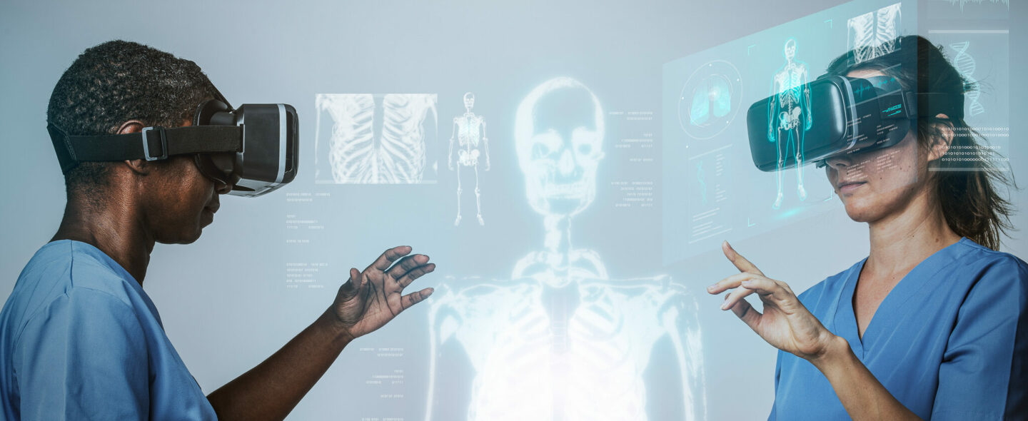 Doctors wearing VR simulation with hologram medical technology