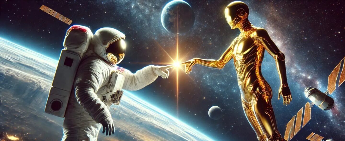 Space astronaut touching a robot astronaut with planet earth in the background