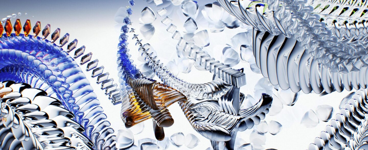 An abstract digital artwork featuring intricate glass-like structures that twist and flow dynamically through the image. The composition includes crystalline forms in clear, blue, and amber hues, interspersed with floating, petal-shaped elements. The overall design evokes a sense of movement and fluidity, with reflective surfaces and sharp details creating a futuristic, otherworldly aesthetic.