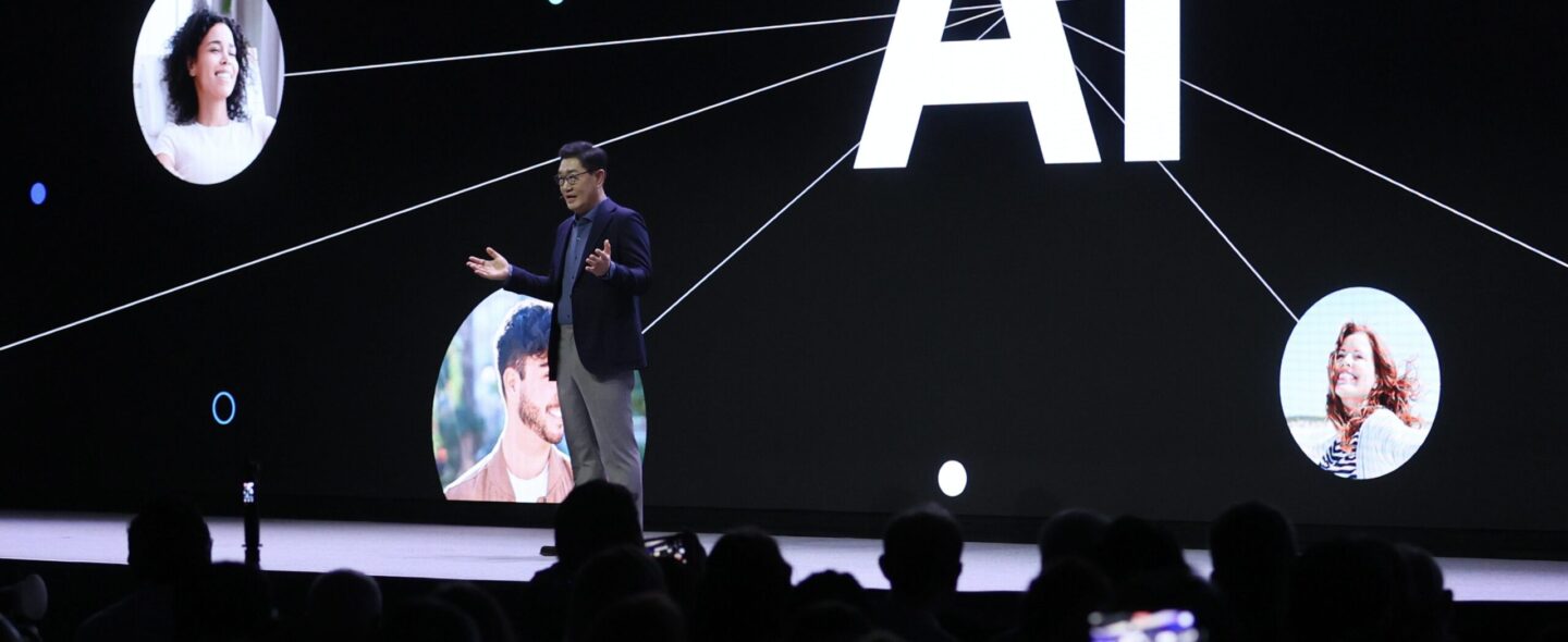The Samsung CEO JH Han Speaking at CES Samsung Press Conference 2024 delivering a presentation on a large stage, with the word