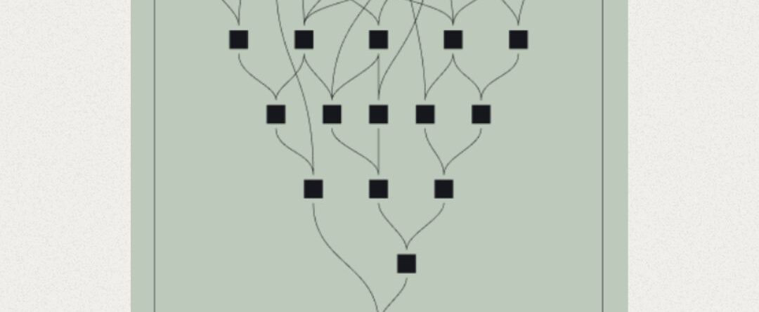 An abstract diagram featuring a series of interconnected black squares arranged in a hierarchical or network-like structure, set against a muted green background. At the top of the diagram are small thumbnail images representing different nodes or elements, connected by lines to the squares below, creating a visual flow of relationships. A label at the bottom reads 