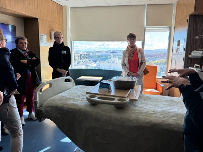 A small group of people in a hospital patient room with a bed in the foreground. The room features large windows offering a scenic view outside, and a presenter appears to be explaining details about the space.