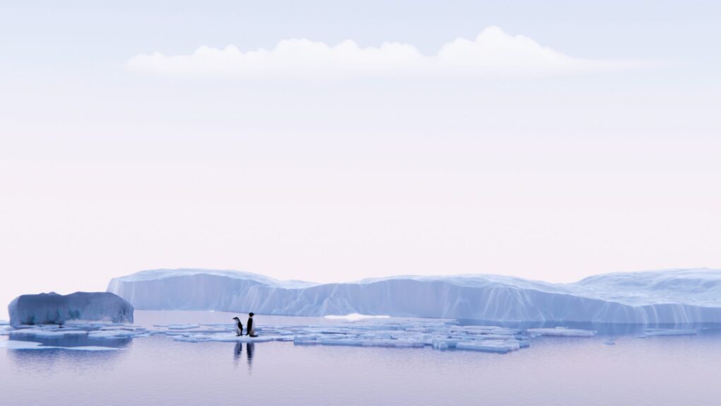 A serene arctic landscape featuring two penguins standing on a floating ice sheet in calm waters. The background showcases vast ice formations and a pale, pastel-colored sky, creating a tranquil and minimalist atmosphere. The soft reflections of the penguins and ice in the water add to the peaceful ambiance, highlighting the beauty and stillness of this polar environment.