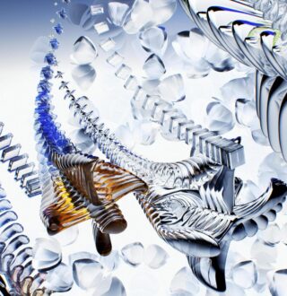 An abstract digital artwork featuring intricate glass-like structures that twist and flow dynamically through the image. The composition includes crystalline forms in clear, blue, and amber hues, interspersed with floating, petal-shaped elements. The overall design evokes a sense of movement and fluidity, with reflective surfaces and sharp details creating a futuristic, otherworldly aesthetic.