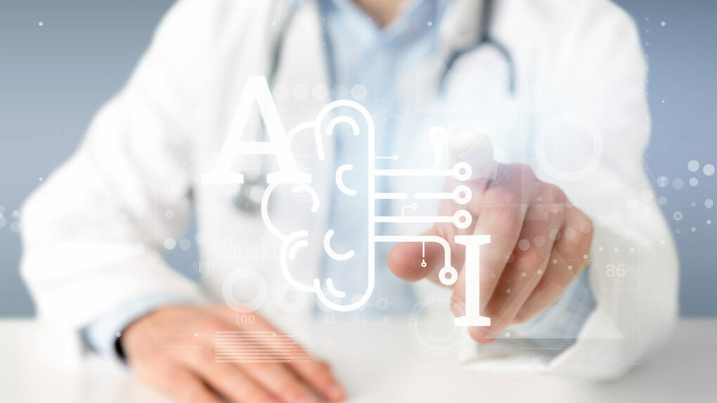 View of Doctor holding Artificial intelligence icon with half brain and half circuit 3d rendering