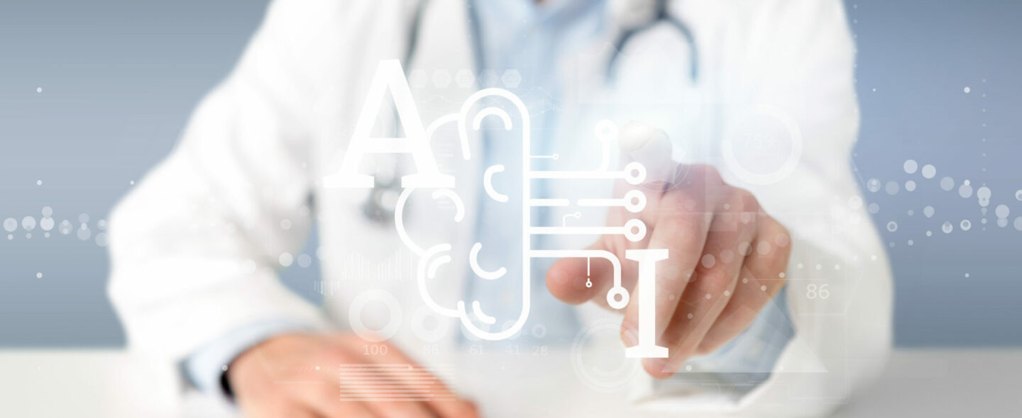 Doctor holding Artificial intelligence icon with half brain and half circuit 3d rendering