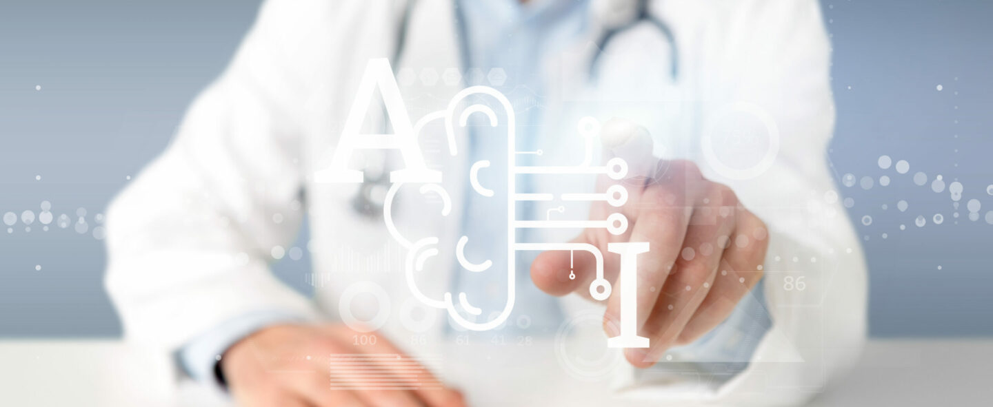 Doctor holding Artificial intelligence icon with half brain and half circuit 3d rendering